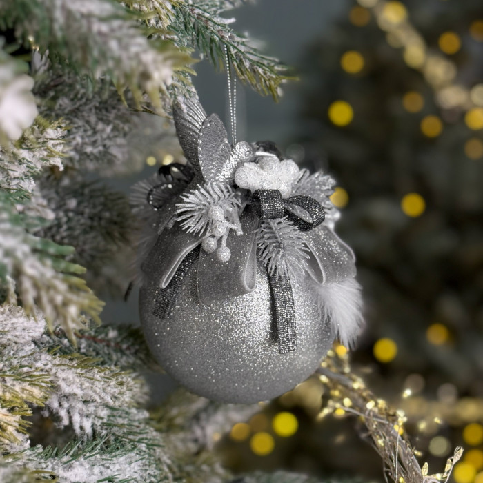 Decorated Ball 10 cm Silver with Grey Ribbon and Hummingbird