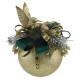 Шар декорированный 10 см золотой с зелёной бархатной лентой и колибри