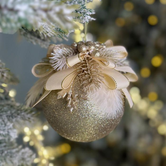 Decorated Ball 10 cm Gold with Cream Ribbon and Feathers