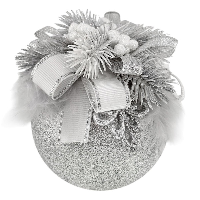 Новорічна куля декорована 8 см срібна із білим бантом
