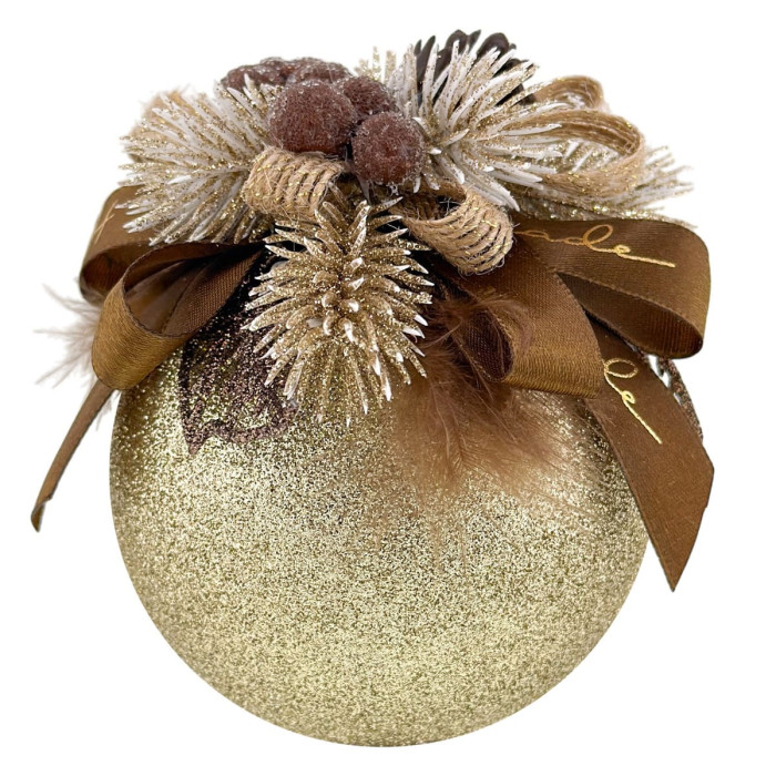 Новогодний шар декорированный 8 см золотой с коричневым бантом