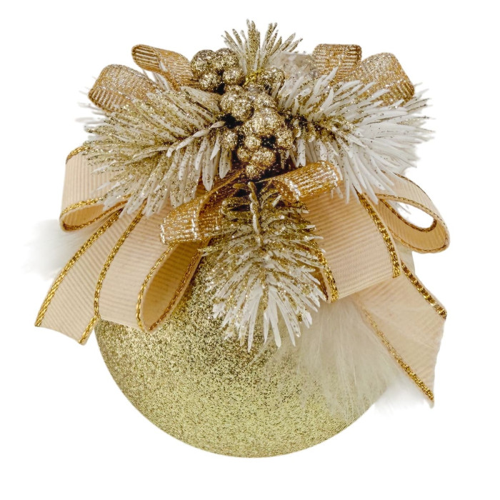 Новогодний шар декорированный 8 см золотой с кремовым бантом