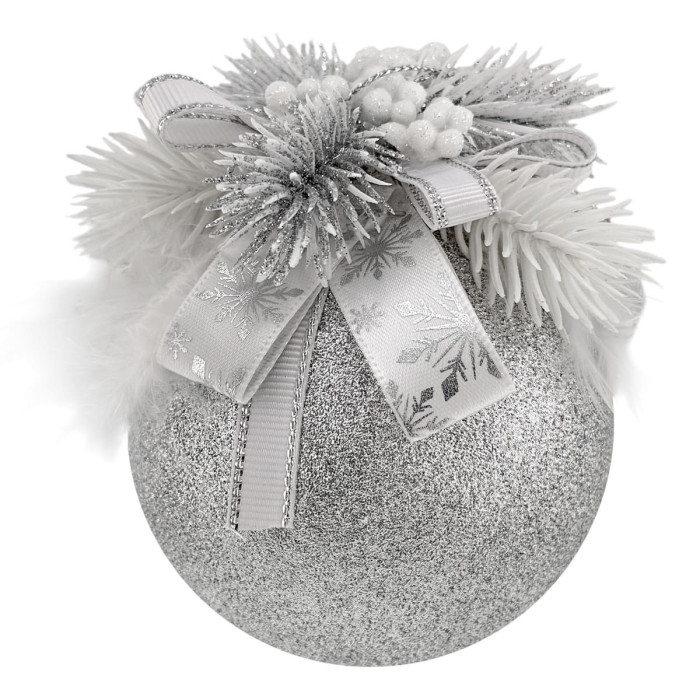 Новорічна куля декорована 8 см срібна із білим бантом