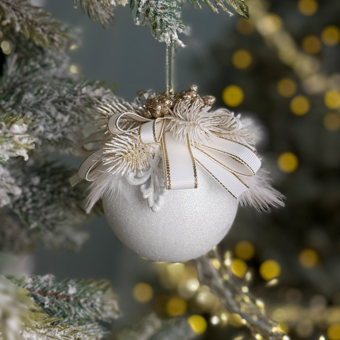 Christmas Ball Decorated 8 cm White with Golden Branches
