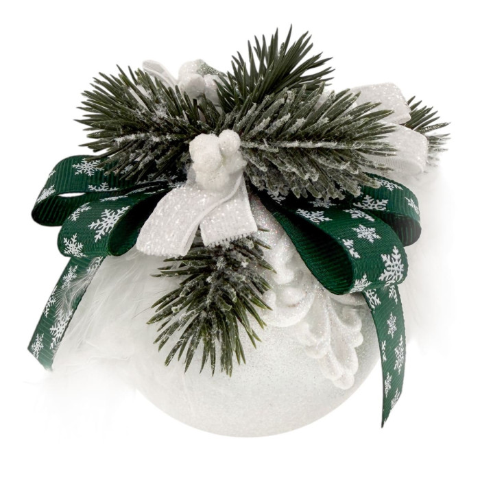 Новорічна куля декорована 8 см біла із зеленим бантом