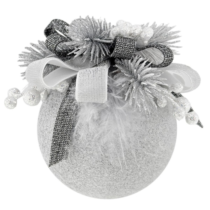 Новорічна куля декорована 8 см срібна з біло-сірим бантом