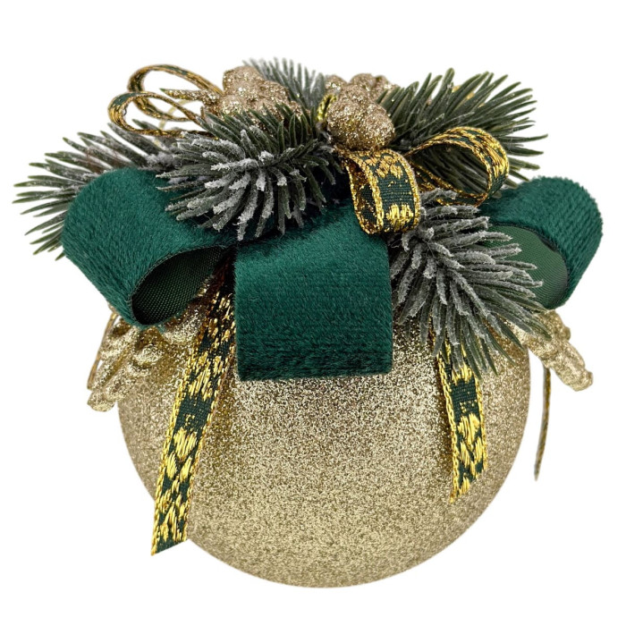 Новорічна куля декорована 8 см золота з темно-зеленим бантом