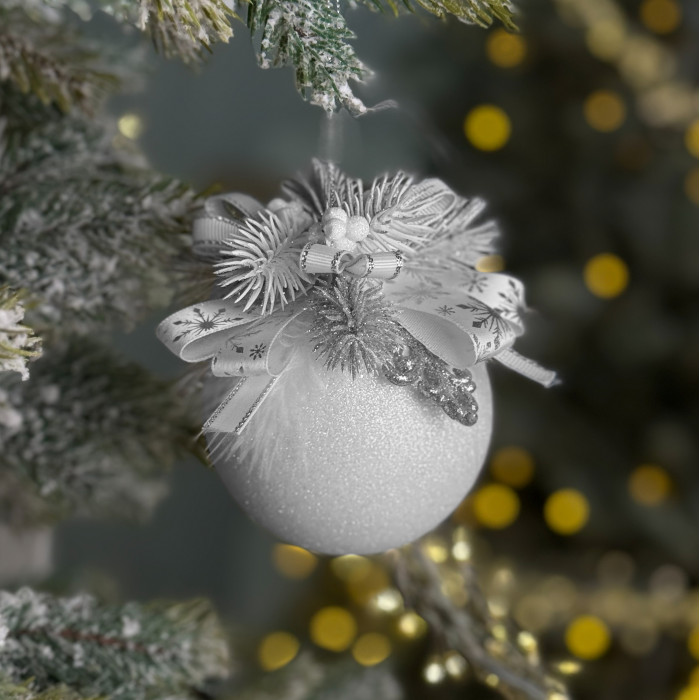 Christmas Ball Decorated 8 cm White with Silver Branches