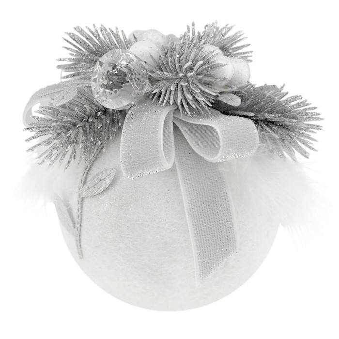 Новогодний шар декорированный 8 см белый с серебристыми веточками