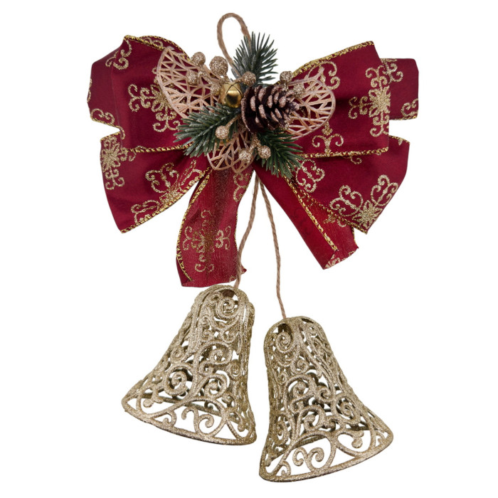 Новорічні ажурні дзвіночки золоті з червоним бантом