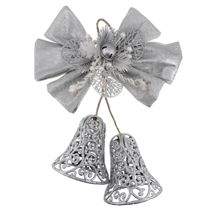 Новорічні ажурні дзвіночки срібні з бантом