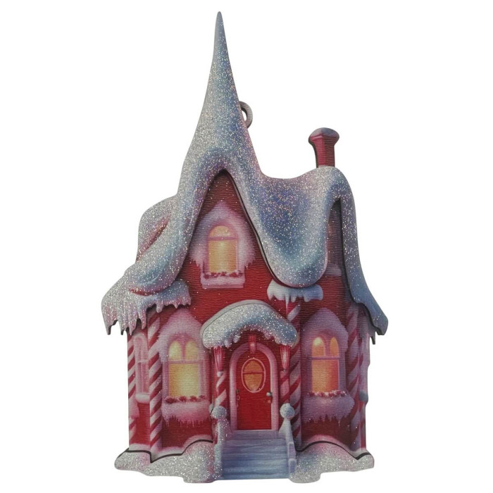 Деревянное новогоднее украшение Домик красный