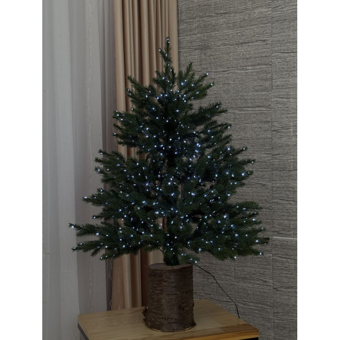 Новорічна ялинка на пеньку з гірляндою холодного білого світла 1 метр