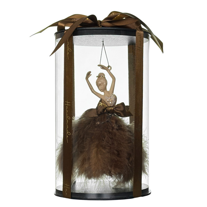 Новорічна прикраса Балерина коричнева з довгим пір’ям у подарунковому пакуванні