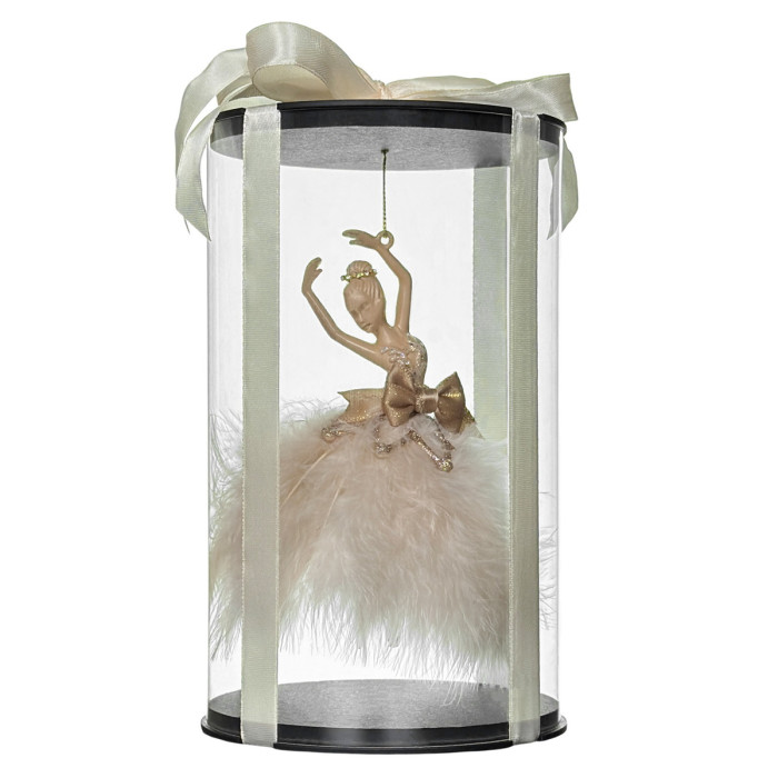 Новорічна прикраса Балерина бежева з довгим пір’ям у подарунковому пакуванні