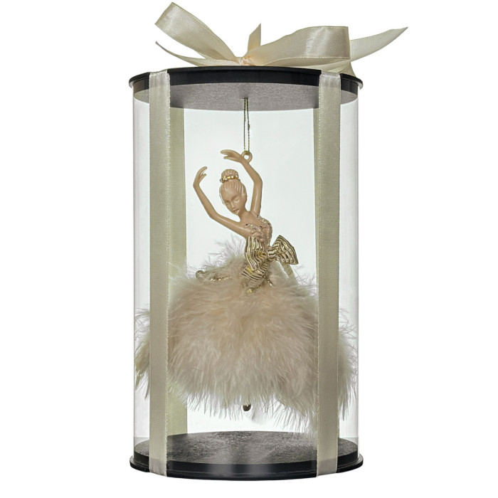 Новорічна прикраса Балерина бежева з довгим пір’ям у подарунковому пакуванні