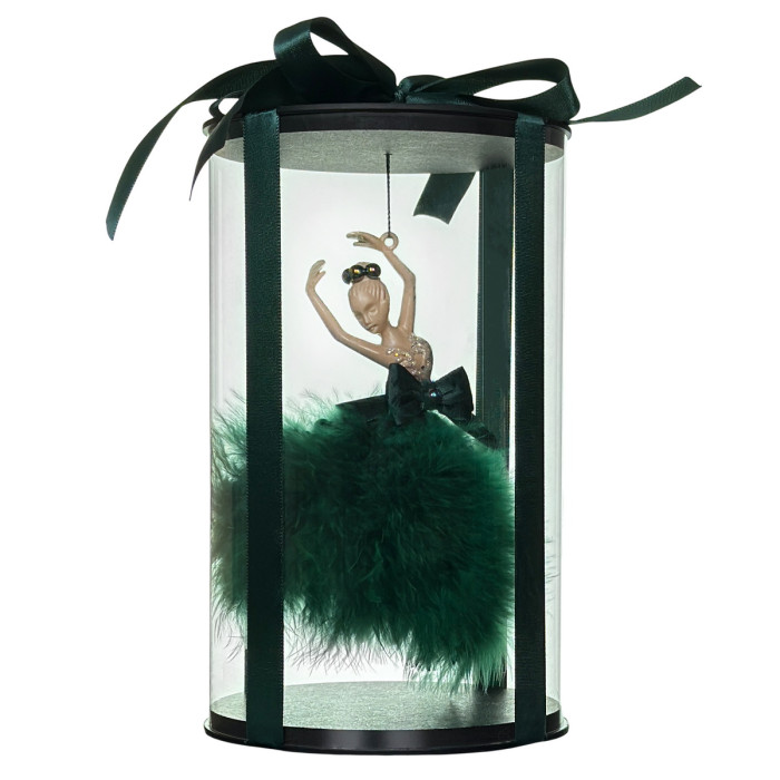 Новорічна прикраса Балерина зелена з довгим пір’ям у подарунковому пакуванні
