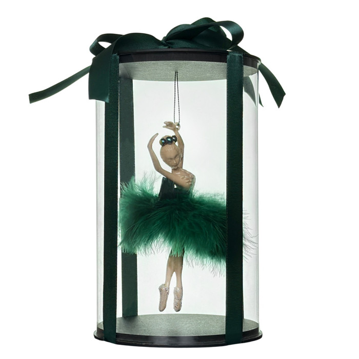 Новорічна прикраса Балерина зелена з коротким пір’ям у подарунковому пакуванні
