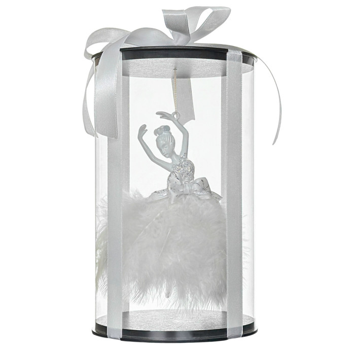 Новорічна прикраса Балерина з білим довгим пір’ям у подарунковому пакуванні