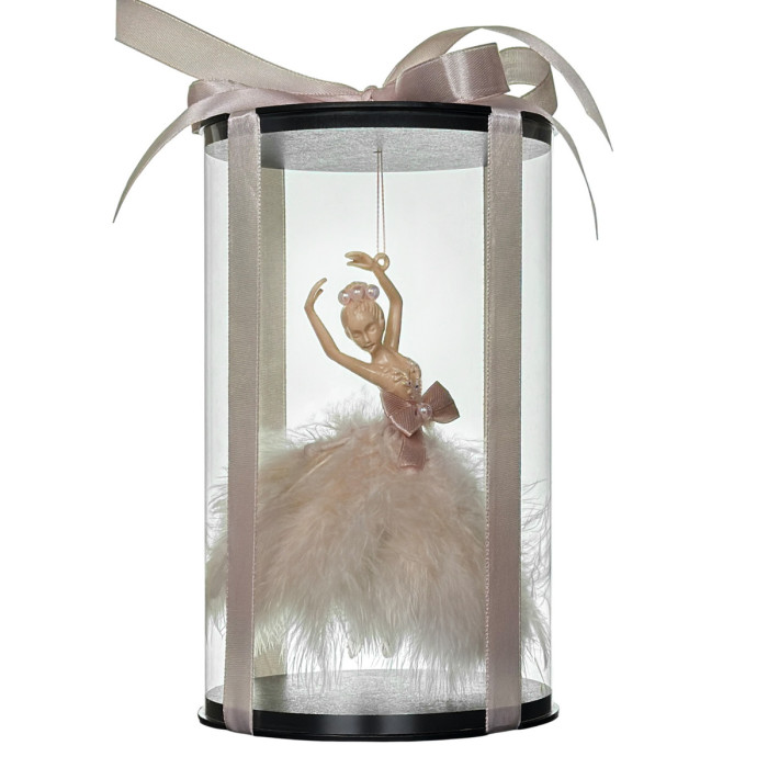 Новорічна прикраса Балерина бежева з довгим пір’ям у подарунковому пакуванні