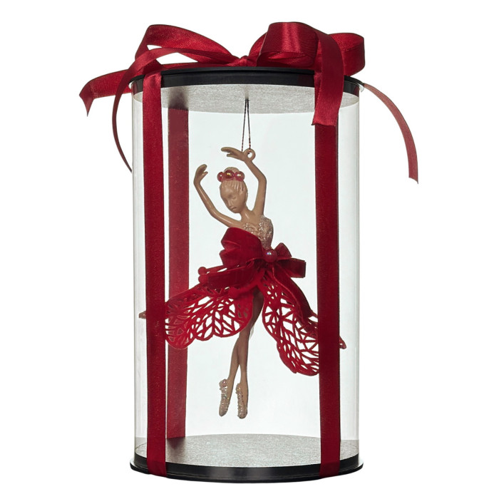 Новорічна прикраса Балерина з червоною спідницею у подарунковому пакуванні