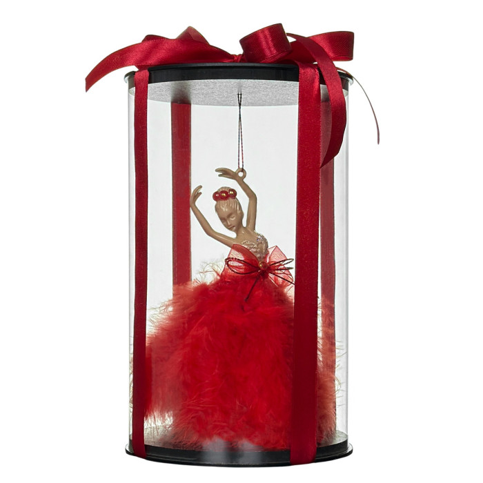 Новорічна прикраса Балерина з червоним довгим пір’ям у подарунковому пакуванні