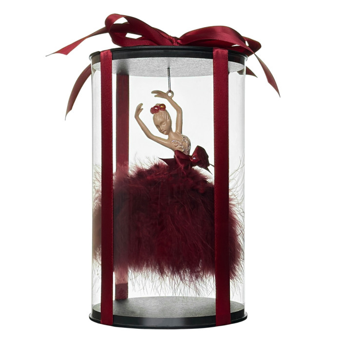 Новорічна прикраса Балерина з червоним довгим пір’ям у подарунковому пакуванні