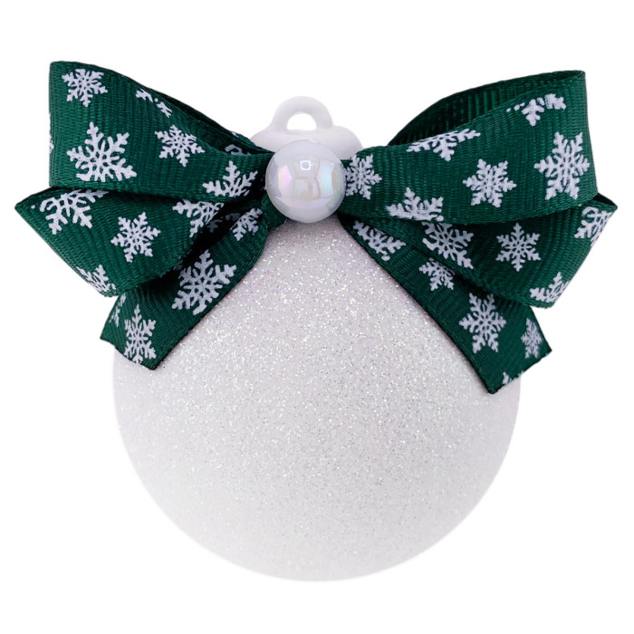 Новорічна куля 6 см ручної роботи білий з зеленим бантом