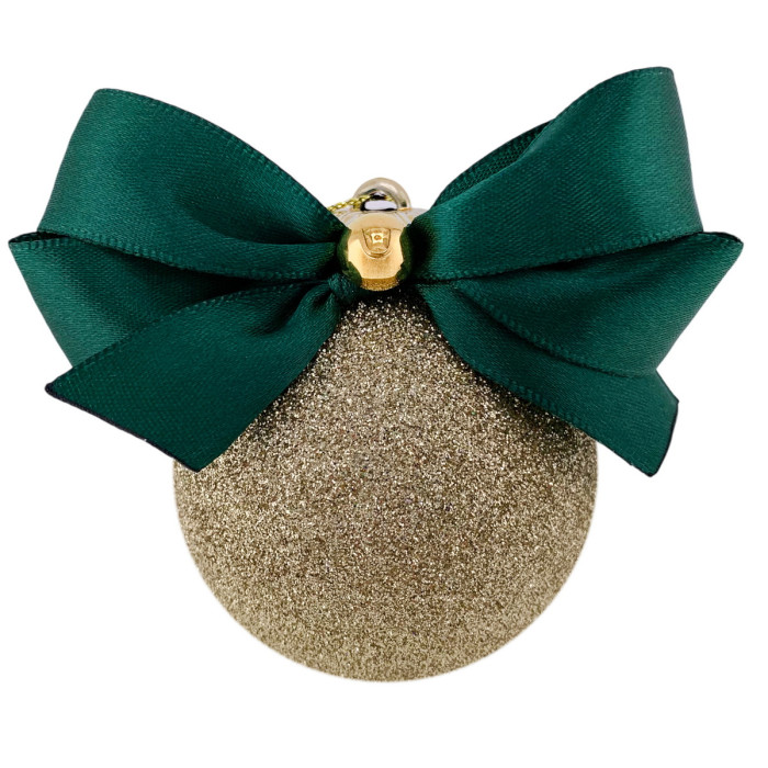 Новорічна куля 6 см ручної роботи золотий з зеленим бантом