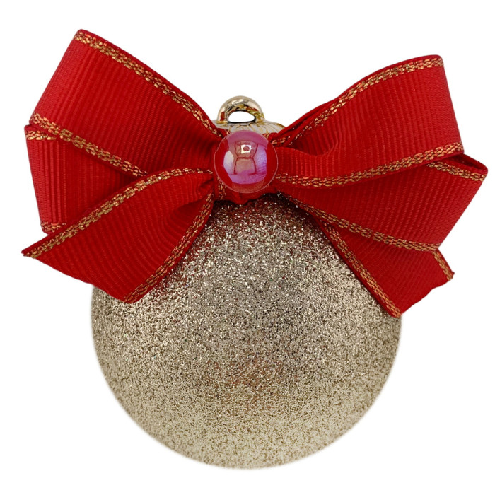 Новорічна куля 6 см ручної роботи золотий з червоним бантом