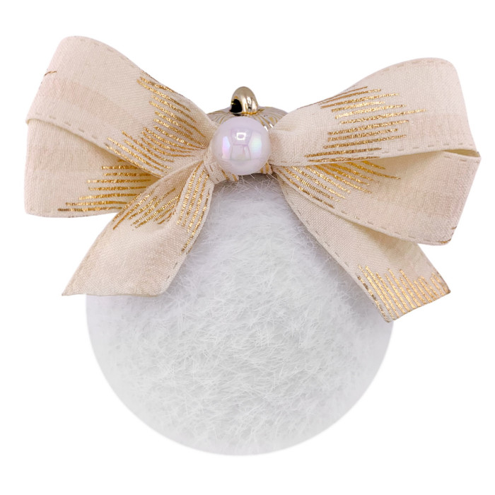 Новорічна куля 6 см ручної роботи біла із золотим бантом