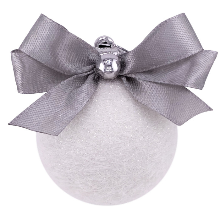 Новорічна куля 6 см ручної роботи біла із срібним бантом