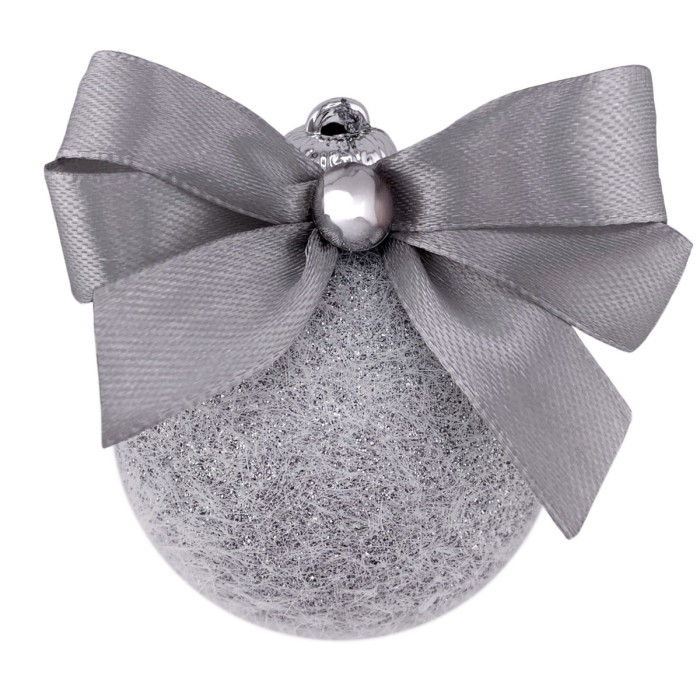 Новорічна куля 6 см ручної роботи срібна з сірим бантом