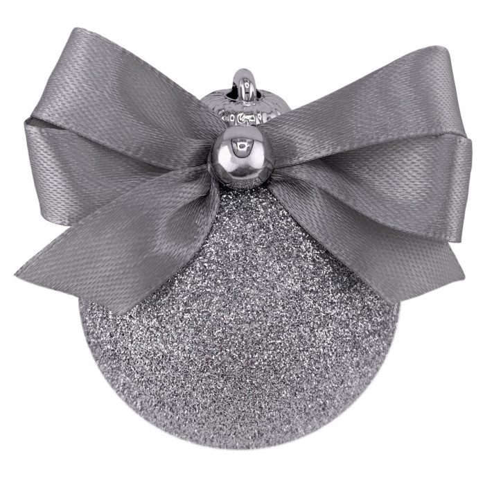 Новорічна куля 6 см ручної роботи срібна з сірим бантом