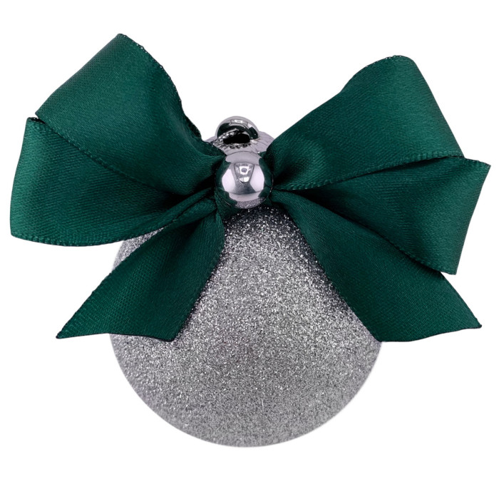 Новорічна куля 6 см ручної роботи срібний з зеленим бантом