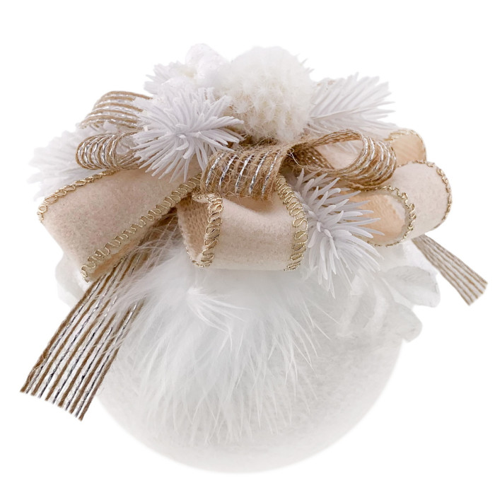 Decorated Ball 10 cm White with Beige Bow 