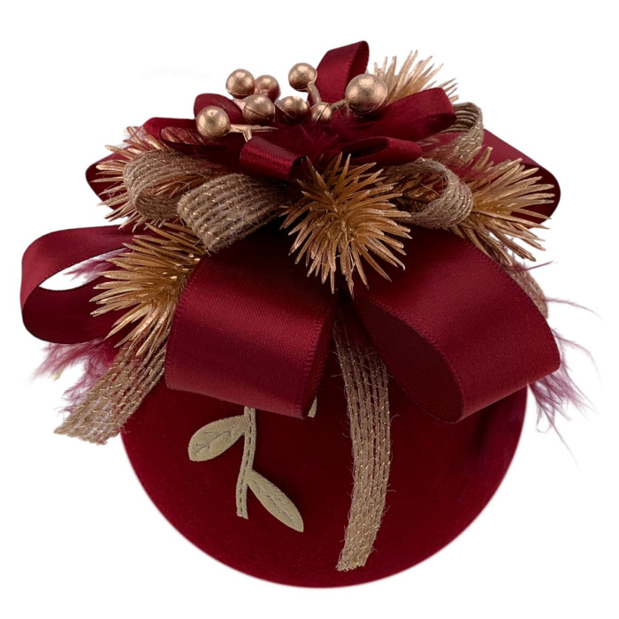 Decorated Ball 10 cm Red with Red Bow and Pine Decor