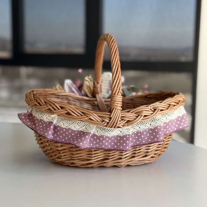 Пасхальная корзина ручной работы из натуральной лозы с бежево-фиолетовым декором, большая