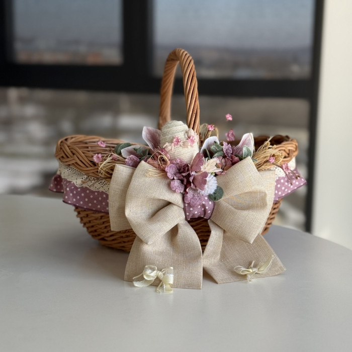 Пасхальная корзина ручной работы из натуральной лозы с бежево-фиолетовым декором, большая