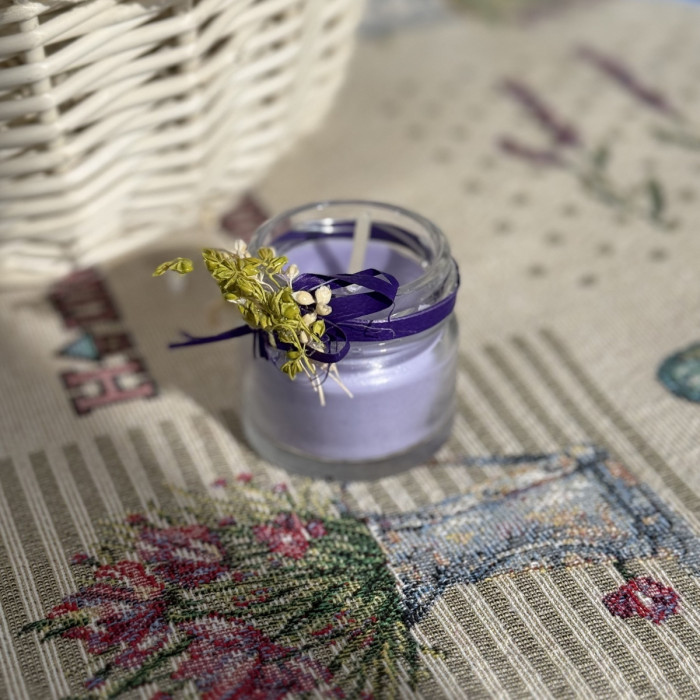 Великодня свічка фіолетова в скляній баночці з декором маленька