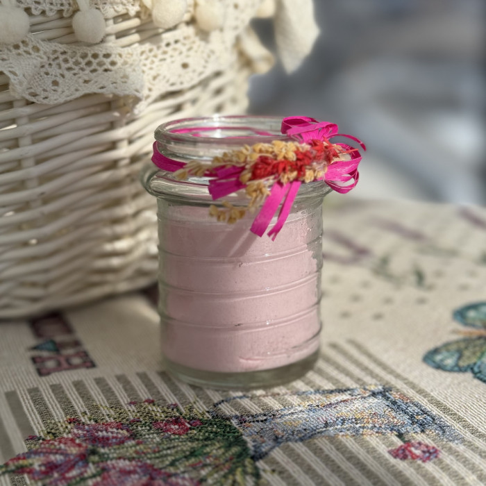 Великодня свічка рожева в скляній баночці з декором середня