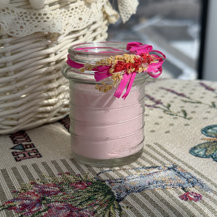 Великодня свічка рожева в скляній баночці з декором середня