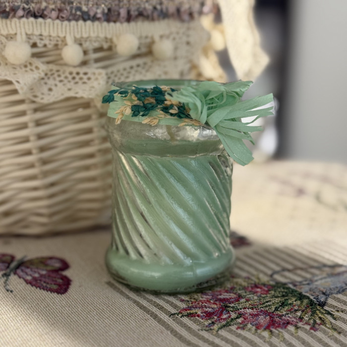 Великодня свічка зелена в скляній баночці з декором велика