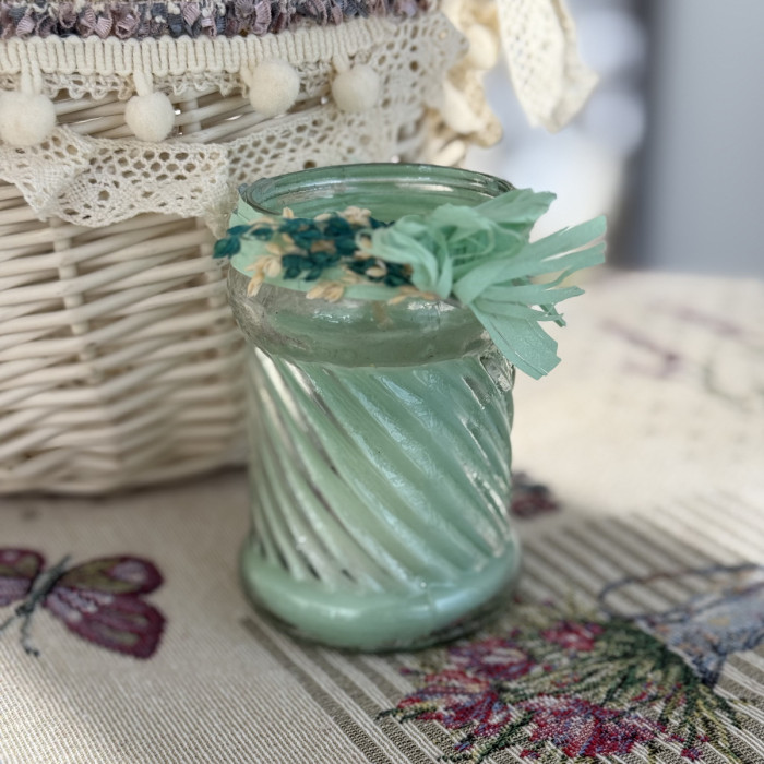 Великодня свічка зелена в скляній баночці з декором велика