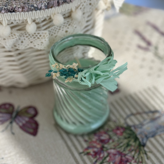 Великодня свічка зелена в скляній баночці з декором велика