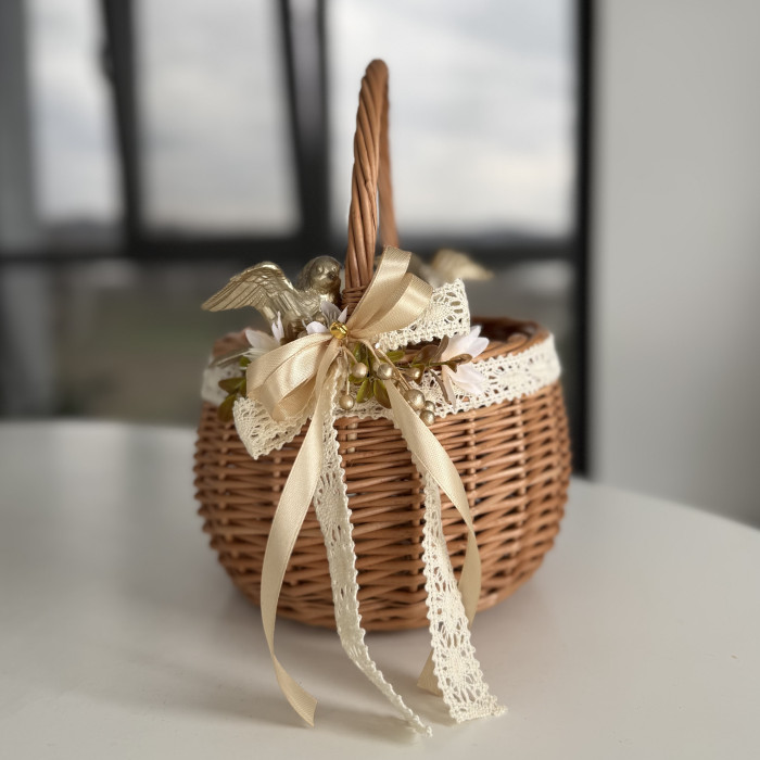Easter handmade basket made of natural wicker with beige decor, medium