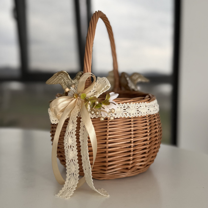 Easter handmade basket made of natural wicker with beige decor, medium