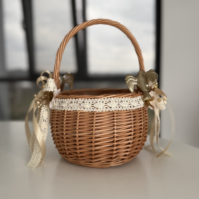 Easter handmade basket made of natural wicker with beige decor, medium