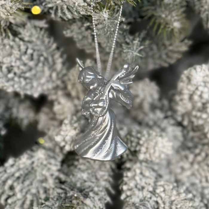 Новорічна фігурка Янгол з бандурою малий срібний