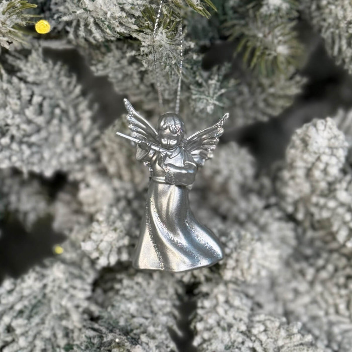 Новорічна фігурка Янгол з сопілкою малий срібний